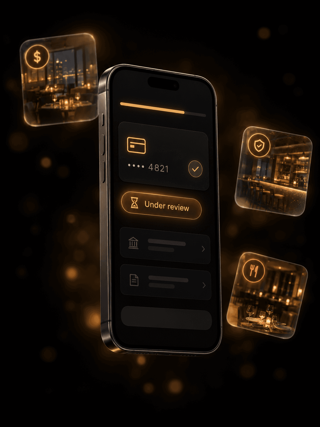 Smartphone showing a connected payout card and an 'Under review' status for the business