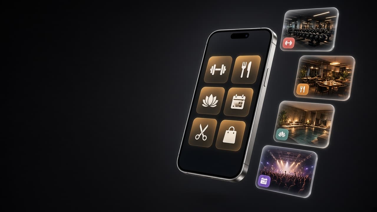 koPo app category grid with tiles for Fitness, Dining, Wellness, Events, Beauty, and Services